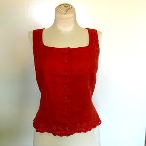 VTG Susie Tompkins Linen Button Eyelet Sleeveless Vest Orange 2